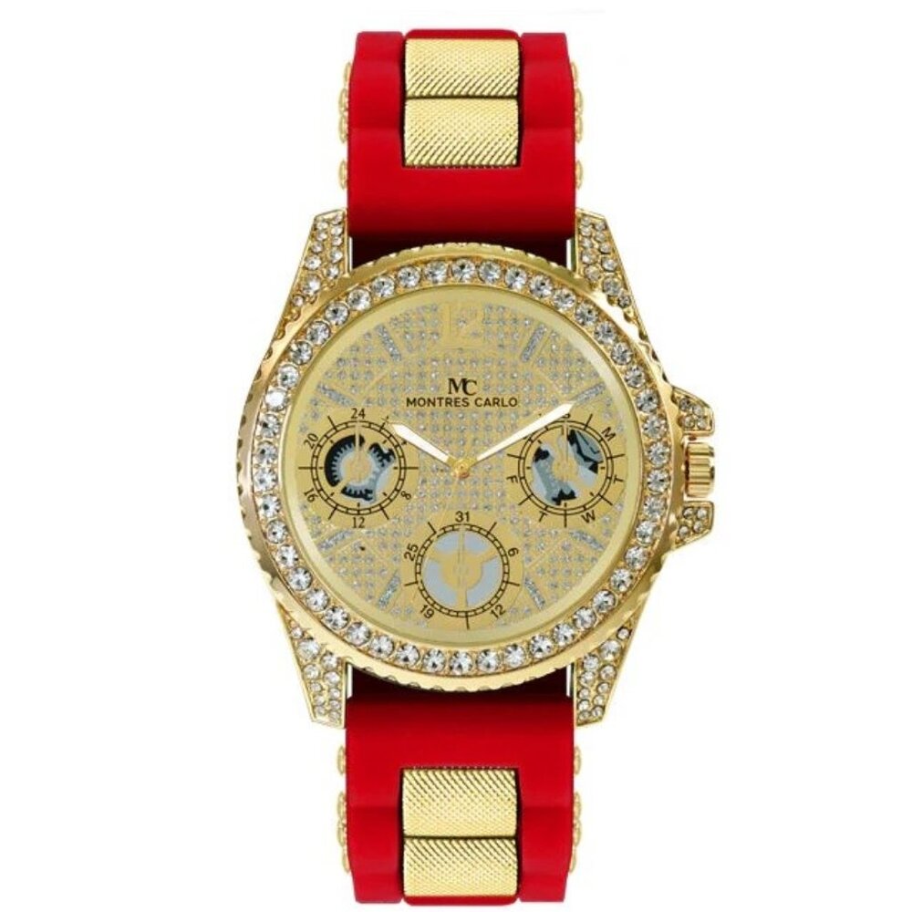 48mm Montres Carlo Men Fashion Stones Sport Red Silicone Band Dress Wrist Watch